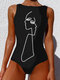 النساء خط الرسم طباعة مجردة عالية الرقبة بلا أكمام One قطعة ملابس السباحة التخسيس - أسود 2
