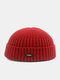 Unisex Knitted Solid Color Letter Label Dome All-match Brimless Beanie Landlord Cap Skull Cap - Wine Red