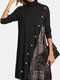 Women Long Sleeve Loose Patchwork Vintage Casual Dress - Black