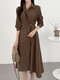 Solid Long Sleeve Belt Lapel Casual Dress - Brown