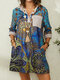 Ethnic Print 3/4 Sleeve Patchwork Vintage Dress For Women - Blue