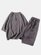Men Linen Loose Pajamas Set Breathable V Neck Plain Bat Sleeve Loungewear - Dark Gray