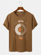 Mens Line Letter Records Print Casual Short Sleeve T-Shirts - Brown