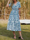 Floral Print Blue Belt Slit V-neck Short Sleeve Dress - Blue