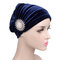 Women's Velvet Wtih Alloy Diamonds Stretch Turban Hat Casual Warm Solid Beanie Cap - Navy