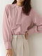 Women Plain Stand Collar Ruffle Trim Long Sleeve Shirt - Pink