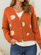 Daisy Embroidery Button Long Sleeve V-neck Knitted Cardigan - Orange