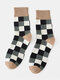 5 Pairs Unisex Cotton Color Contrast Small Squares Jacquard Warmth Medium Tube Socks - Khaki