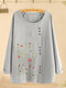 Floral Embroidery Button O-neck Long Sleeve Blouse - Grey