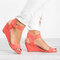 Women Casual Solid Color Peep Toe Buckle Wedges Sandals - Pink
