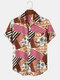 Mens Vintage Floral & Striped Print Button Up Short Sleeve Shirts - Brown