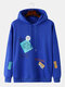 Mens Tag Letter Print Dropped Shoulders Casual Drawstring Hoodies - Blue