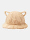 Women Lamb Wool Cartoon Cat Ear Shape Decor Thicken Warm Thermal Hat Bucket Hat - Beige