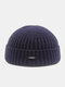 Unisex Knitted Solid Color Letter Label Dome All-match Brimless Beanie Landlord Cap Skull Cap - Navy