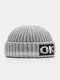 Unisex Knitted Solid Color Letter Jacquard Brimless Flanging Outdoor Warmth Brimless Beanie Landlord Cap Skull Cap - Gray
