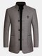 Mens Solid Stand Collar Single Breasted Woolen Overcoats With Pocket - Coffee