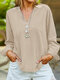 Solid Long Sleeve Pocket V-neck Blouse For Women - Apricot