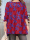 Floral Print Long Sleeve Crew Neck Blouse For Women - Red