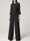 Women Solid Crew Neck Wide Leg Pants Casual Co-ords - Black