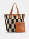 Women Faux Leather Fashion Black and White Lattice Pattern Color Matching Handbag Tote - Khaki