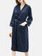 Women Pure Color Waffle V-Neck Double Pockets Robes Pajamas With Belt - Navy