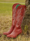Plus Size Women Retro Red Pointed Toe Embroidered Chunky Heel Zipper Cowboy Boots - Red