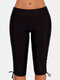 Plus Size Women Solid Color Side Tie Light Mid-Length Mid Waist Beach Shorts - Black