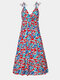 Summer Holiday Strap Knotted Backless V-neck Floral Print Sexy Dress - Red