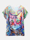 Cat Print V-neck Short Sleeve Casual T-Shirt For Women - Blue