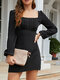 Solid Square Collar Long Sleeve Women Casual Dress - Black
