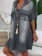 Denim Solid Color Loose Short Sleeve Pockets Casual Dress For Women - Grey