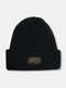 Men Knitted Solid Color Letter Pattern Cloth Label Fashion Warmth Beanie Hat - Black