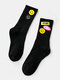 Women Cotton Smile Face Letters Patterned Cloth Label Breathable Medium Stockings Socks - Black