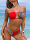 Women Leopard Print Patchwork Plain String Backless Hawaii Bikini - Red
