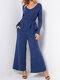Solid Color Pocket Waistband Long Sleeve Casual Jumpsuit for Women - Navy