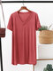 Solid Color V-neck Short Sleeve T-shirt - Brick Red
