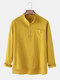 Mens Solid Color Cotton Linen Stand Collar Long Sleeve Henley Shirts With Pocket - Yellow