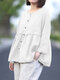 Lace Pleated Long Sleeve Plus Size Loose Blouse - White