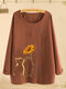 Cartoon Cat Printed Long Sleeve O-neck Button Blouse For Women - Brown