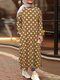 Polka Dot Print Split Long Sleeve Plus Size Dress with Pockets - Coffee
