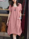 Solid Color Short Sleeve O-neck Pocket Cotton Dress - Pink