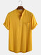 Mens 100% Cotton Solid Color Bubble Texture Casual Home Stand Collar Henley Shirt - Yellow