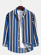 Mens Vertical Stripe Lapel Collar Plain Casual Long Sleeve Shirts - Blue