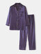 Pijama liso de seda sintética con solapa a rayas azul marino y rojo, dos piezas, bolsillos en el pecho, ropa de dormir para hombres - rojo