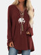 Flower Printed Long Sleeve V-neck T-shirt For Women - Wine Red