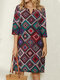 Ethnic Geometric Print 3/4 Sleeve Vintage Dress For Women - Red