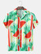 Mens Watermelon & Leaf Print Revere Collar Holiday Short Sleeve Shirts - Green