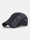 Men Mesh Hollow Out Letters Print Sunshade Breathable Forward Hat Beret Hat Flat Hat - Navy