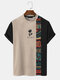 Mens Japanese Rose Ethnic Pattern Patchwork Short Sleeve T-Shirts - Khaki