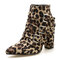 Pointed Toe Leopard-print Zipper Buckle High Heel Soft Ankle Boots - Brown